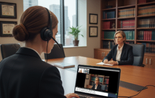 professional office setting where a person is engaged in a virtual meeting using a laptop and a monaural headset